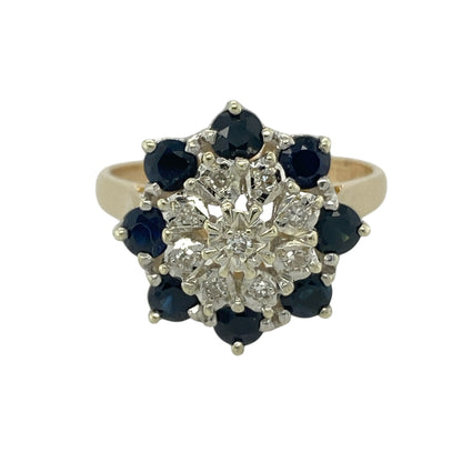 9ct Gold Diamond & Sapphire Set Flower Cluster Ring