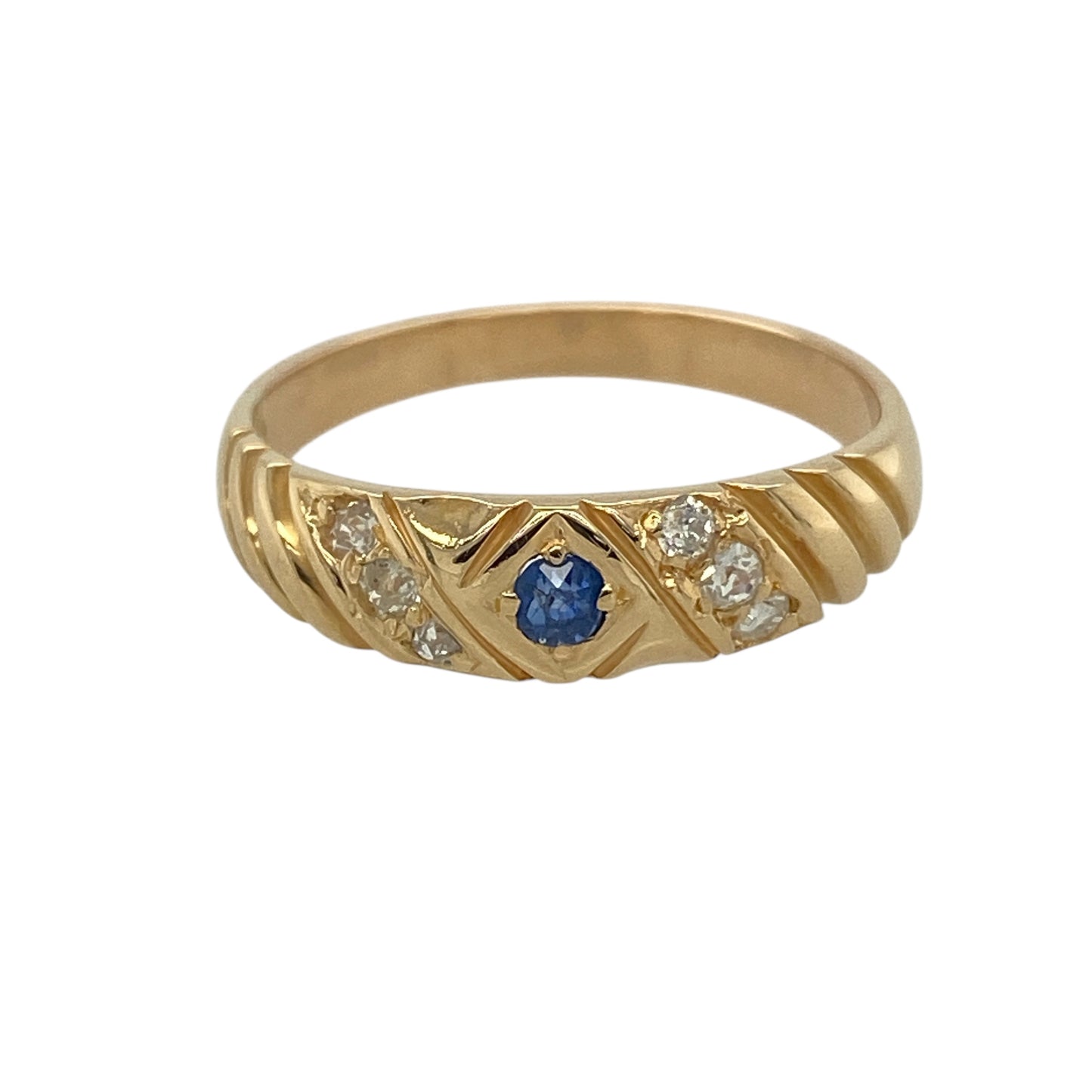 18ct Gold Diamond & Sapphire Set Ribbed Band Ring