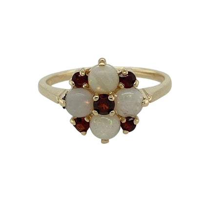 9ct Gold Opalique & Garnet Set Flower Cluster Ring
