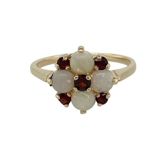 9ct Gold Opalique & Garnet Set Flower Cluster Ring