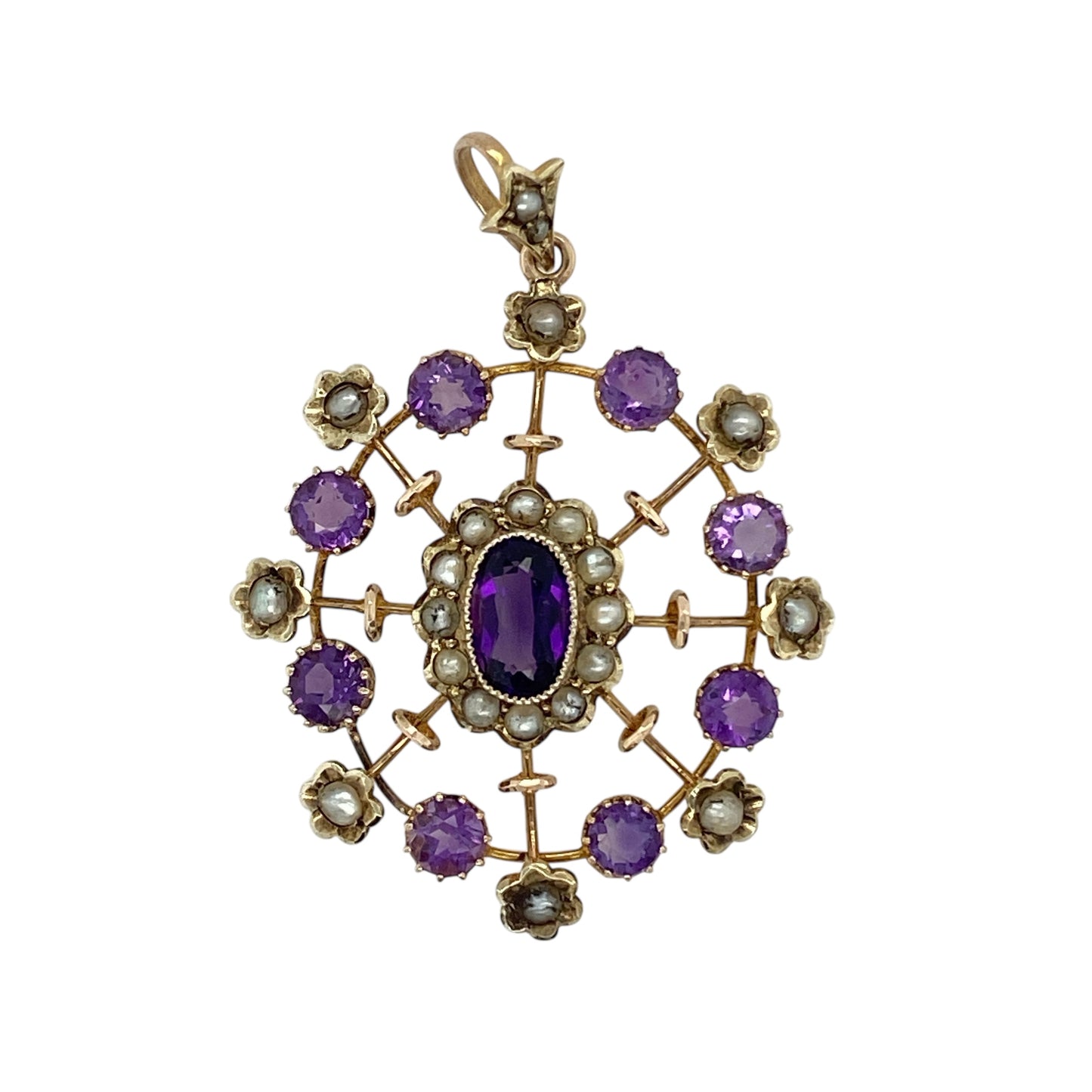 9ct Gold Amethyst & Seed Pearl Set Vintage Style Pendant