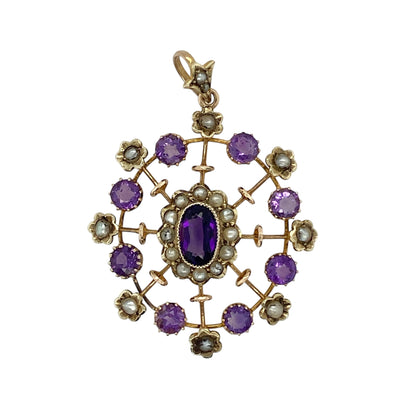 9ct Gold Amethyst & Seed Pearl Set Vintage Style Pendant