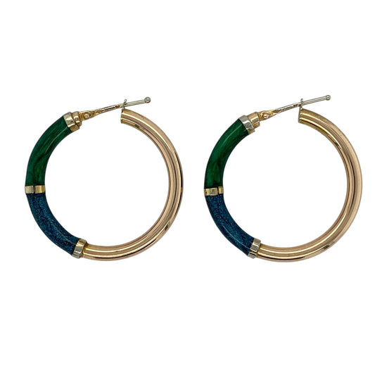 9ct Gold Blue and Green Enamel Hoop Creole Earrings