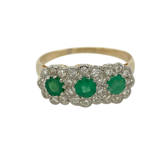 14ct Gold Diamond & Emerald Set Flower Trilogy Cluster Ring