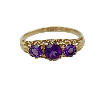 9ct Gold & Amethyst Set Trilogy Set Ring