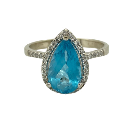 9ct White Gold Diamond & Blue Topaz Set Halo Ring