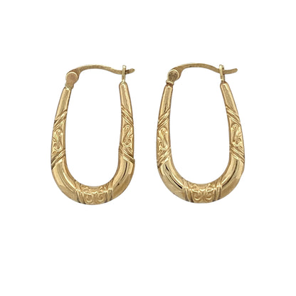 9ct Gold Patterned Oval Creole Earrings