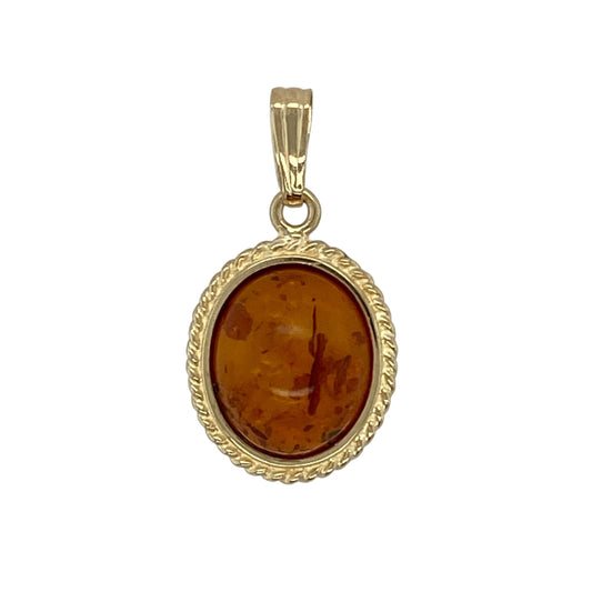 9ct Gold & Amber Set Patterned Edge Oval Pendant