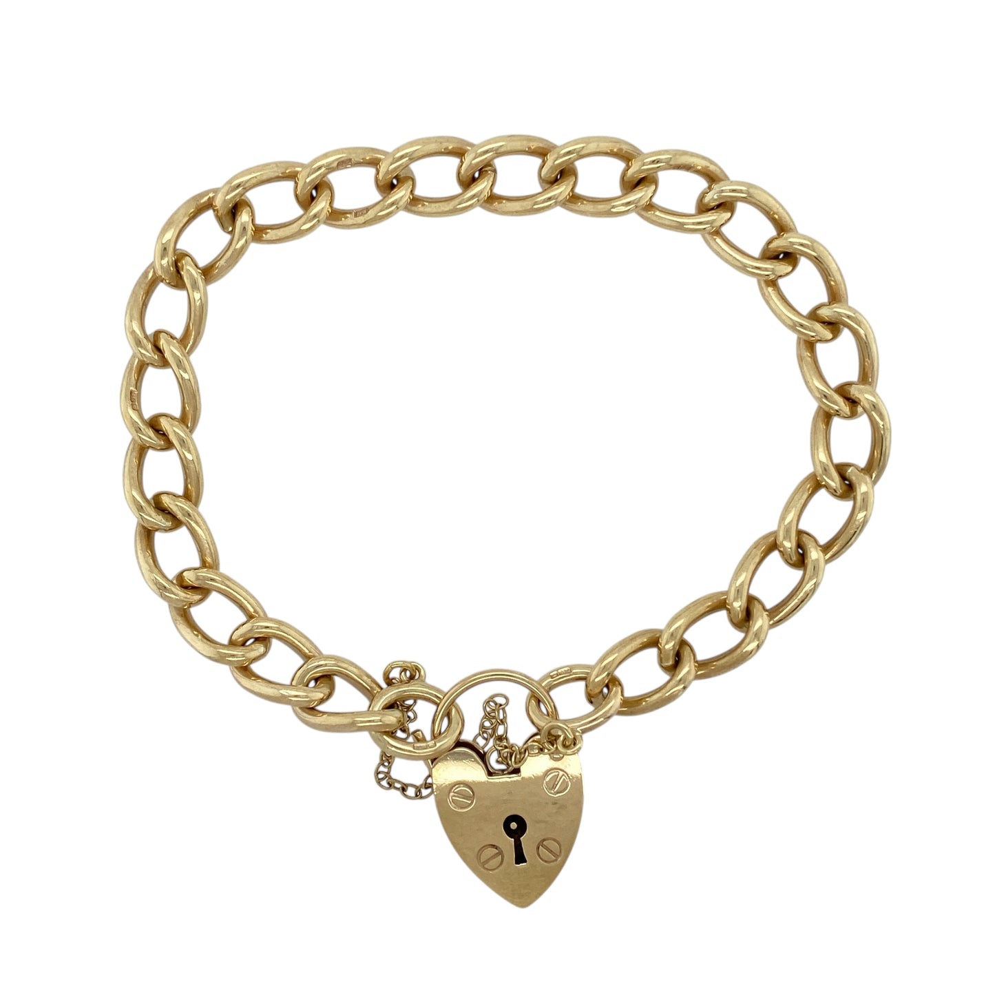 9ct Gold 7" Heart Padlock Curb Bracelet