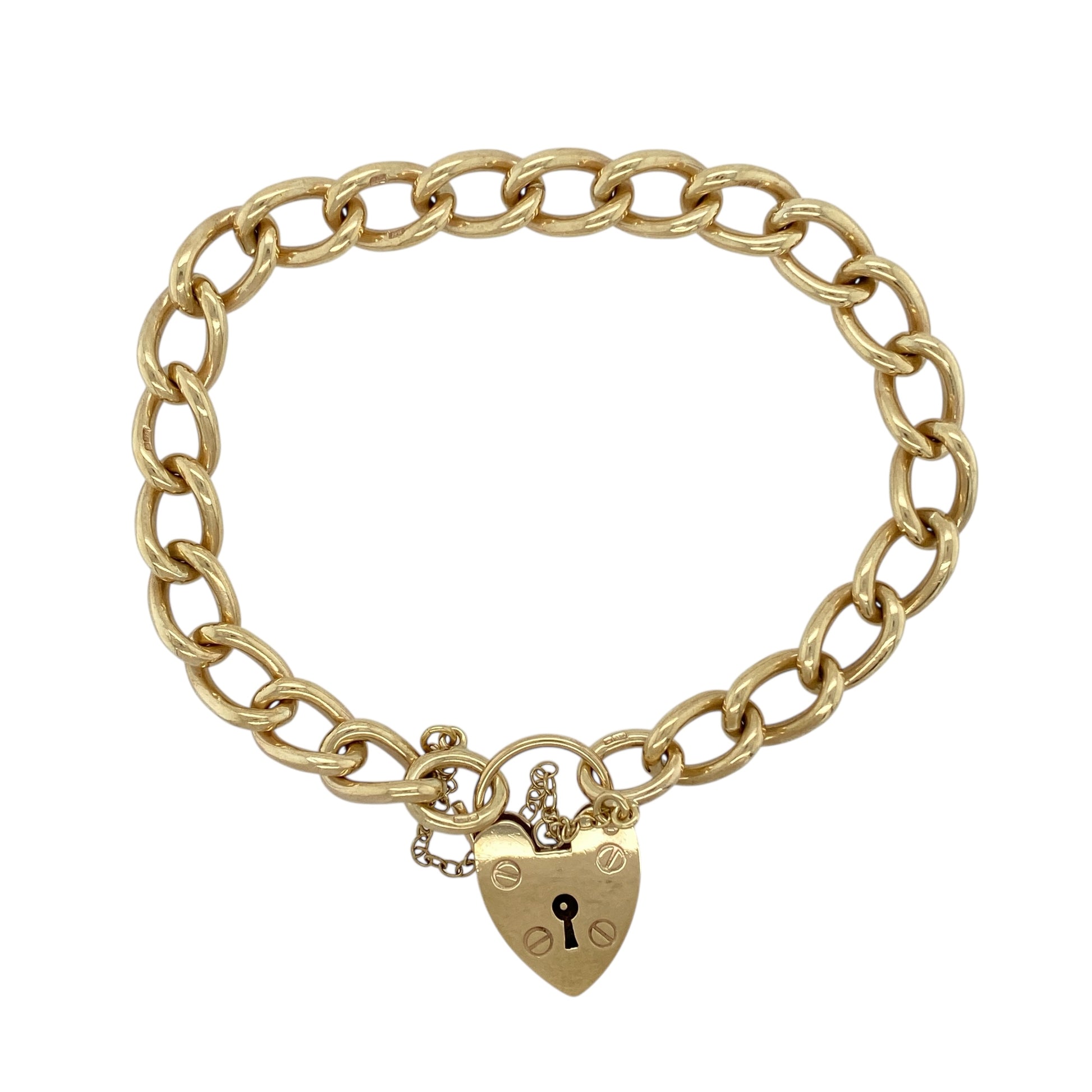 9ct Gold 7" Heart Padlock Curb Bracelet