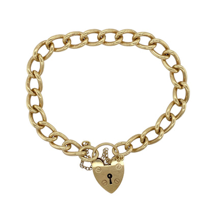 9ct Gold 7" Heart Padlock Curb Bracelet