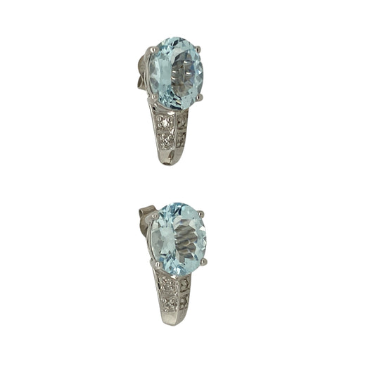 9ct White Gold Diamond & Aquamarine Set Stud Earrings