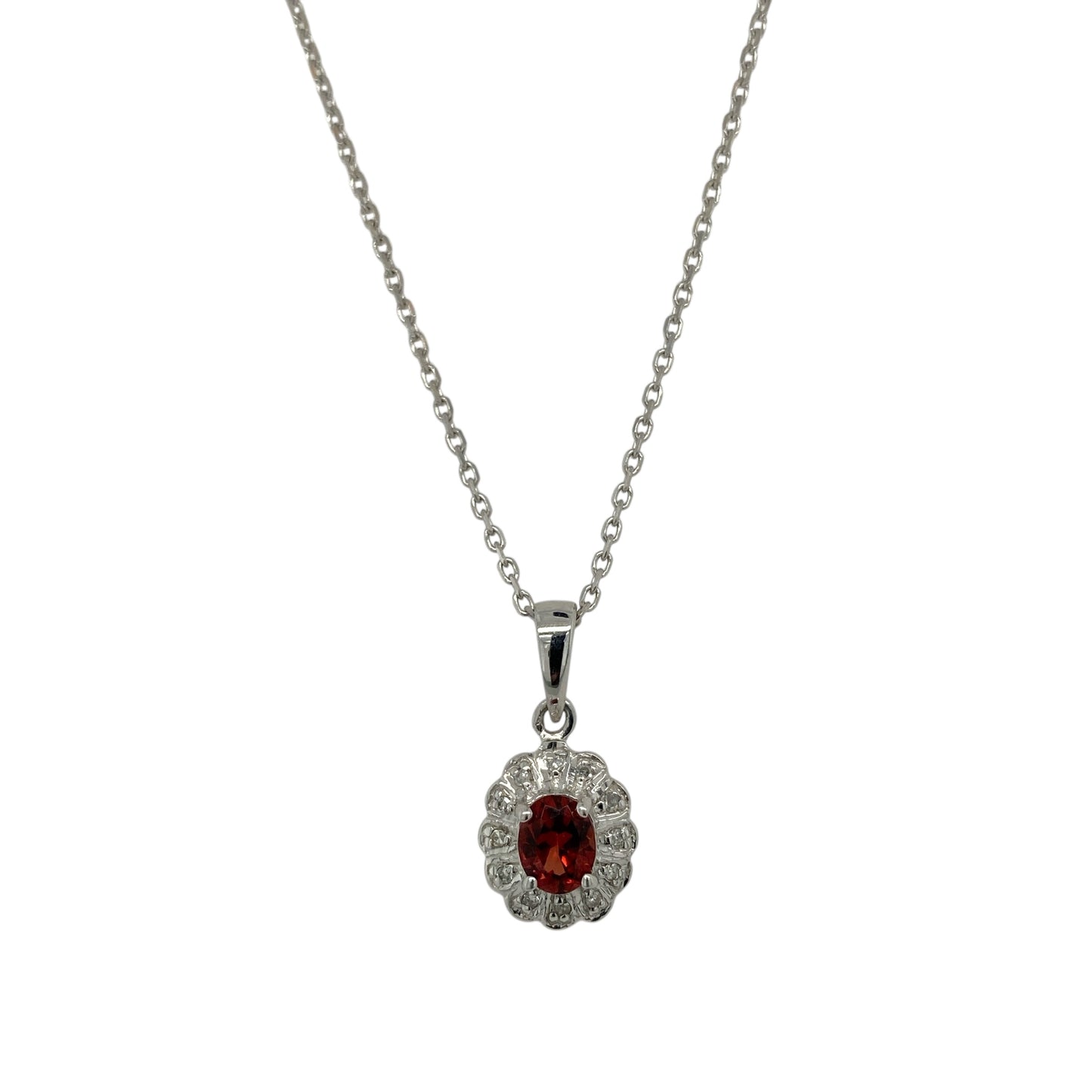 9ct White Gold Diamond & Garnet Cluster 18" Necklace