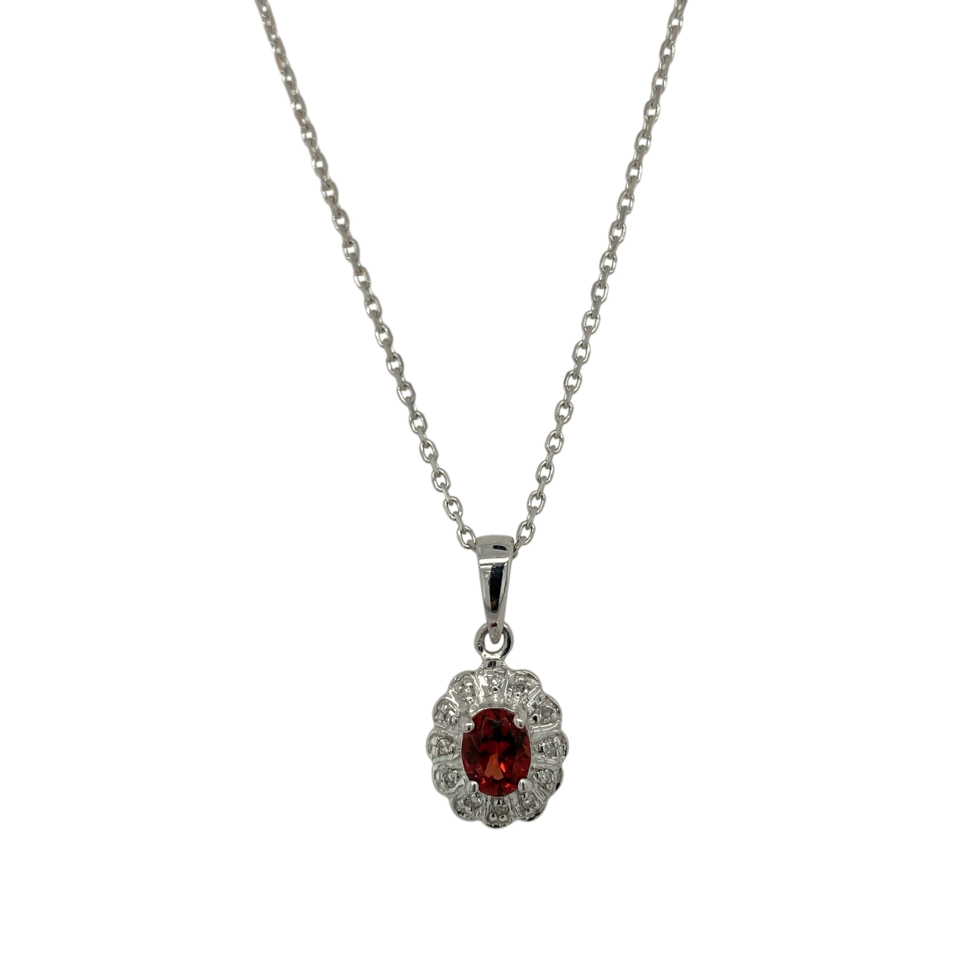 9ct White Gold Diamond & Garnet Cluster 18" Necklace