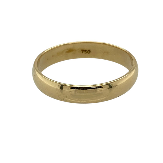 Bring timeless style and enduring elegance to your jewellery collection with this pre-owned 18ct yellow gold 4mm wedding band ring, a classic design with refined presence.

Design: The ring features a smooth, plain band with a 4mm width, offering a clean and traditional look that suits everyday wear.
Material: Made from polished 18-carat yellow gold, the rich golden tone provides a luxurious and timeless finish.