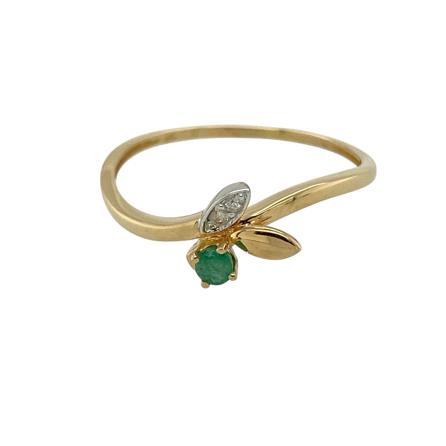 18ct Gold Diamond & Emerald Set Leaf Style Twist Ring