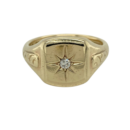 9ct Gold & Diamond Set Patterned Signet Ring