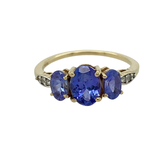 9ct Gold Tanzanite & Cubic Zirconia Set Trilogy Ring
