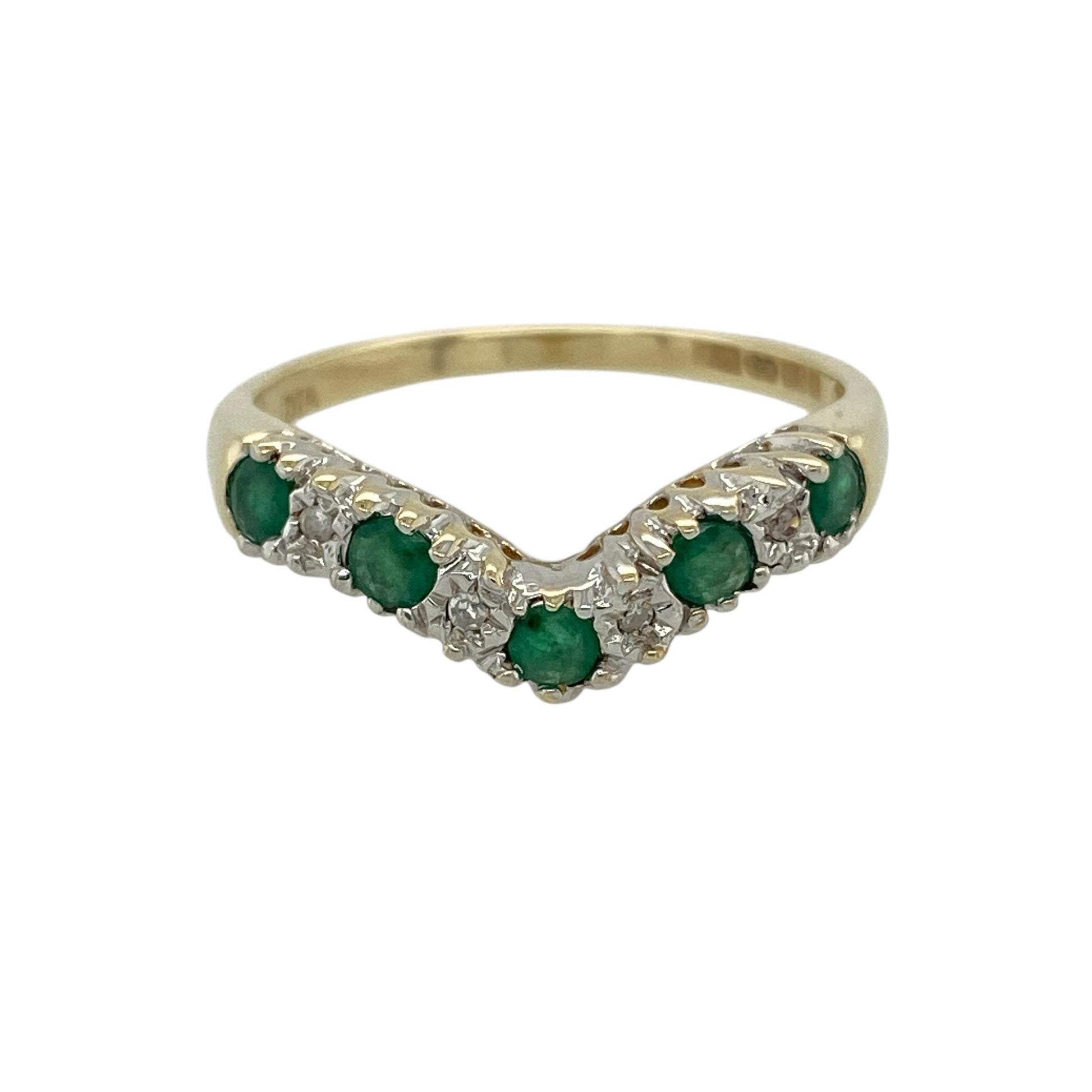 9ct Gold Diamond & Emerald Set Wishbone Ring