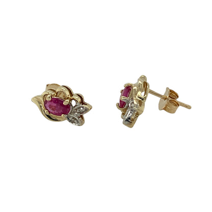 9ct Gold Diamond & Ruby Set Flower Style Stud Earrings