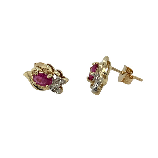 9ct Gold Diamond & Ruby Set Flower Style Stud Earrings