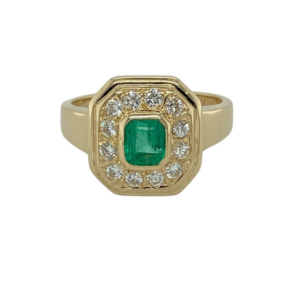 14ct Gold Diamond & Emerald Set Halo Ring