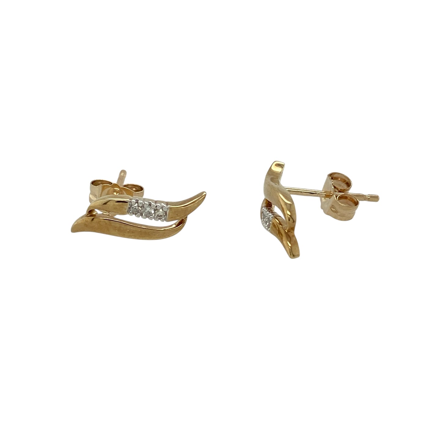 9ct Gold & Diamond Set Double Curved Bar Stud Earrings