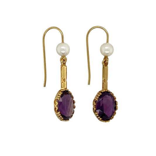 9ct Gold Amethyst & Pearl Set Drop Earrings