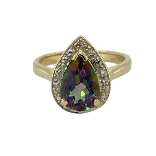 9ct Gold Diamond & Mystic Topaz Set Teardrop Ring