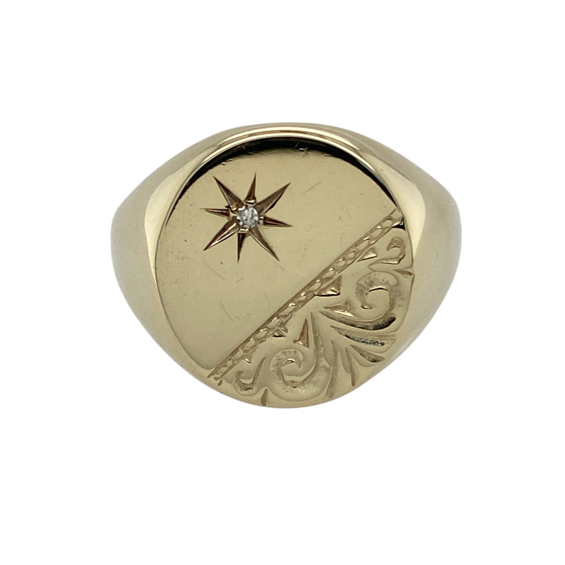 9ct Gold & Diamond Set Patterned Oval Signet Ring