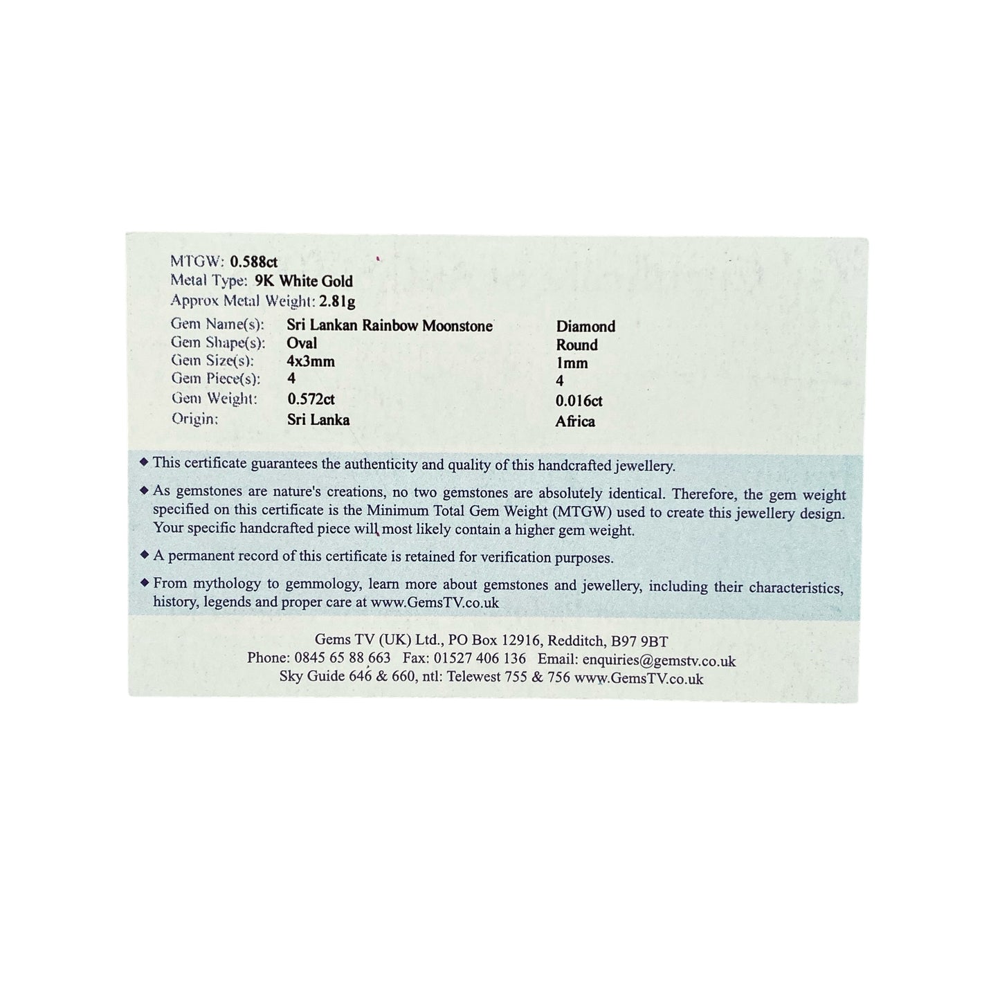 9ct White Gold & Sri Lankan Rainbow Moonstone Set Ring