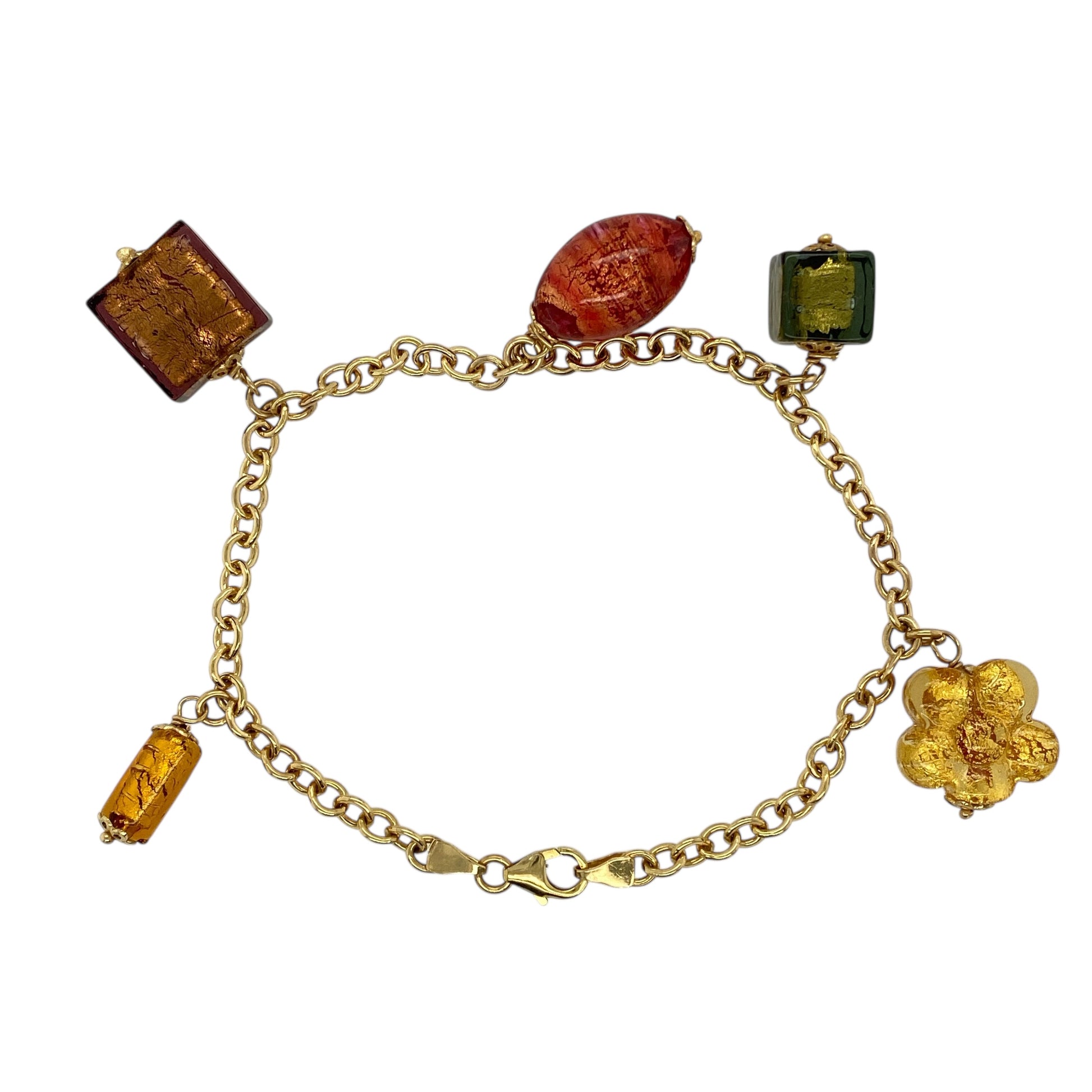 9ct Gold & Multi Coloured Murano Glass Style Bead 7.25" Bracelet