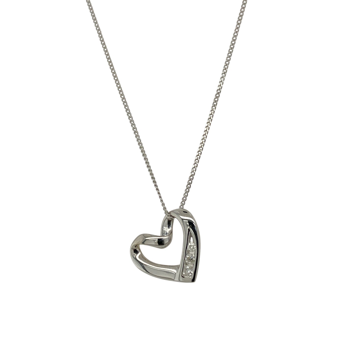9ct White Gold & Diamond Set Open Heart 16" Necklace
