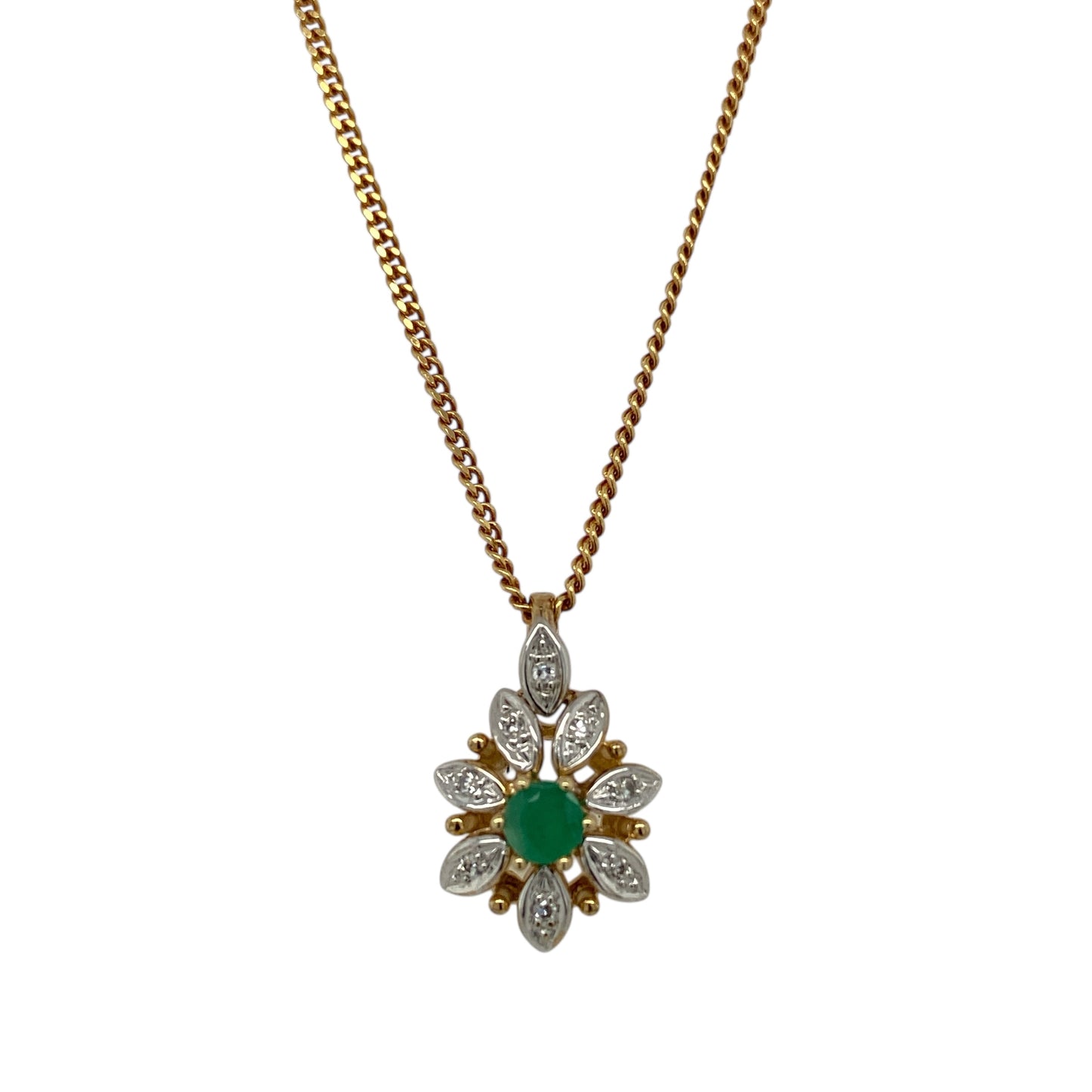 9ct Gold Diamond & Emerald Set Flower 16" Necklace