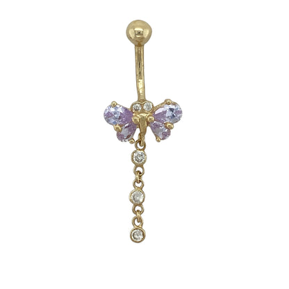 9ct Gold Purple Stone & Cubic Zirconia Set Butterfly Drop Belly Bar
