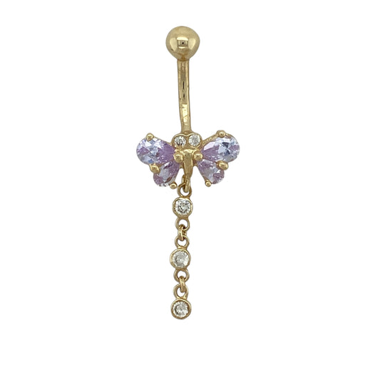 9ct Gold Purple Stone & Cubic Zirconia Set Butterfly Drop Belly Bar