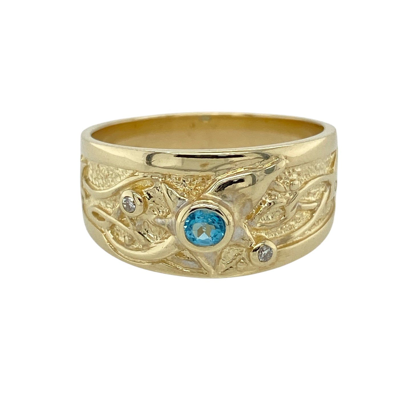 9ct Gold Diamond & Blue Topaz Set Swirl Clogau Wide Band Ring