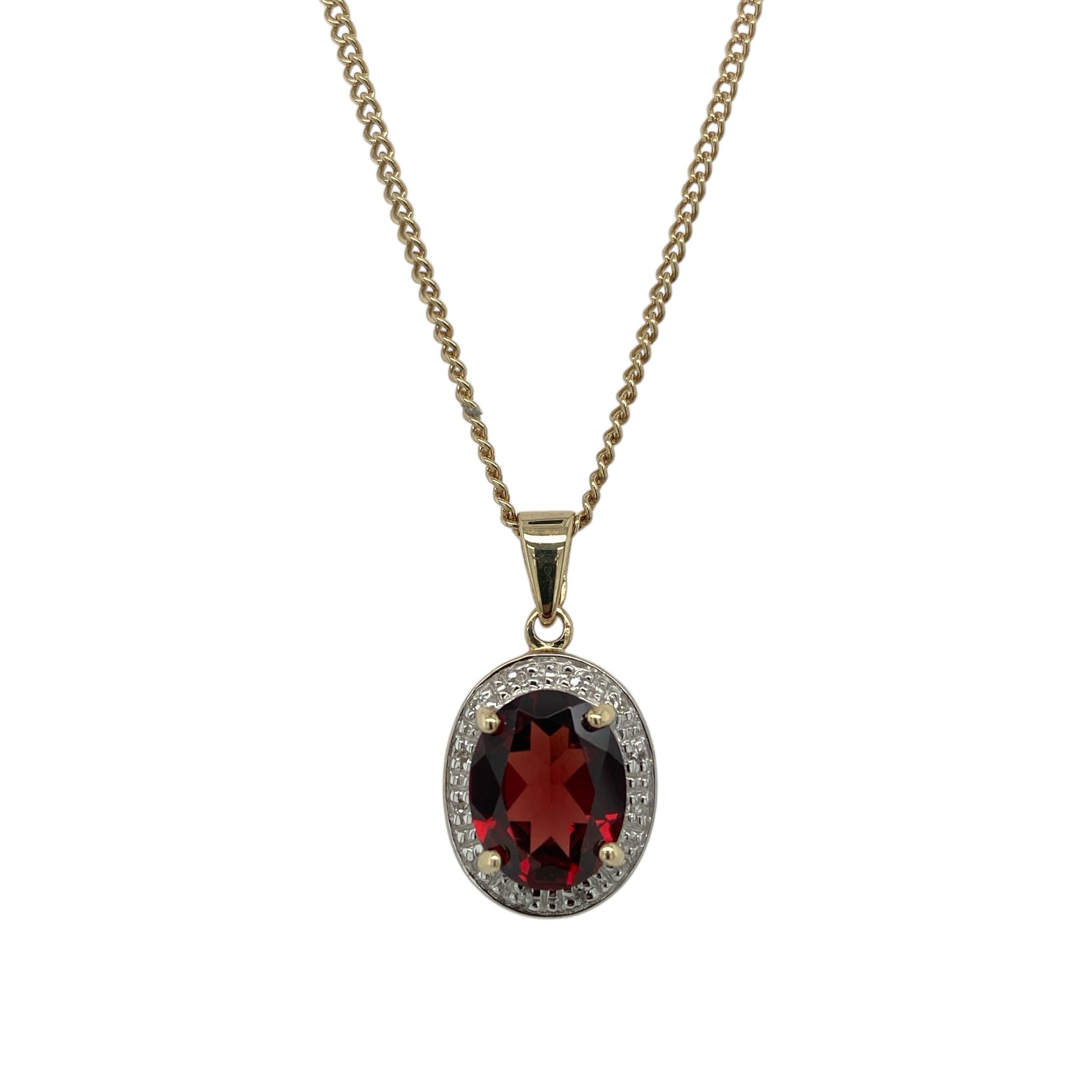 9ct Gold Diamond & Garnet Set Oval Halo 19" Necklace