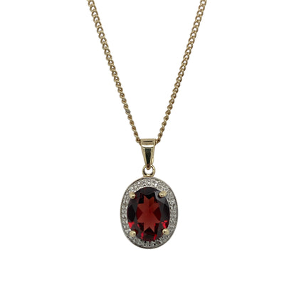 9ct Gold Diamond & Garnet Set Oval Halo 19" Necklace