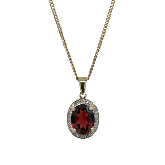 9ct Gold Diamond & Garnet Set Oval Halo 19" Necklace