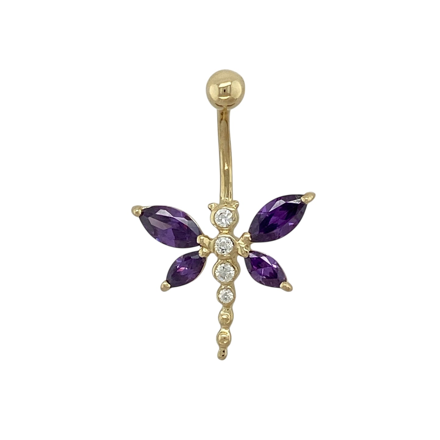 9ct Gold Amethyst & Cubic Zirconia Set Butterfly Belly Bar