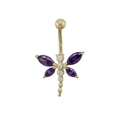 9ct Gold Amethyst & Cubic Zirconia Set Butterfly Belly Bar