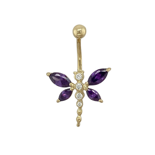9ct Gold Amethyst & Cubic Zirconia Set Butterfly Belly Bar