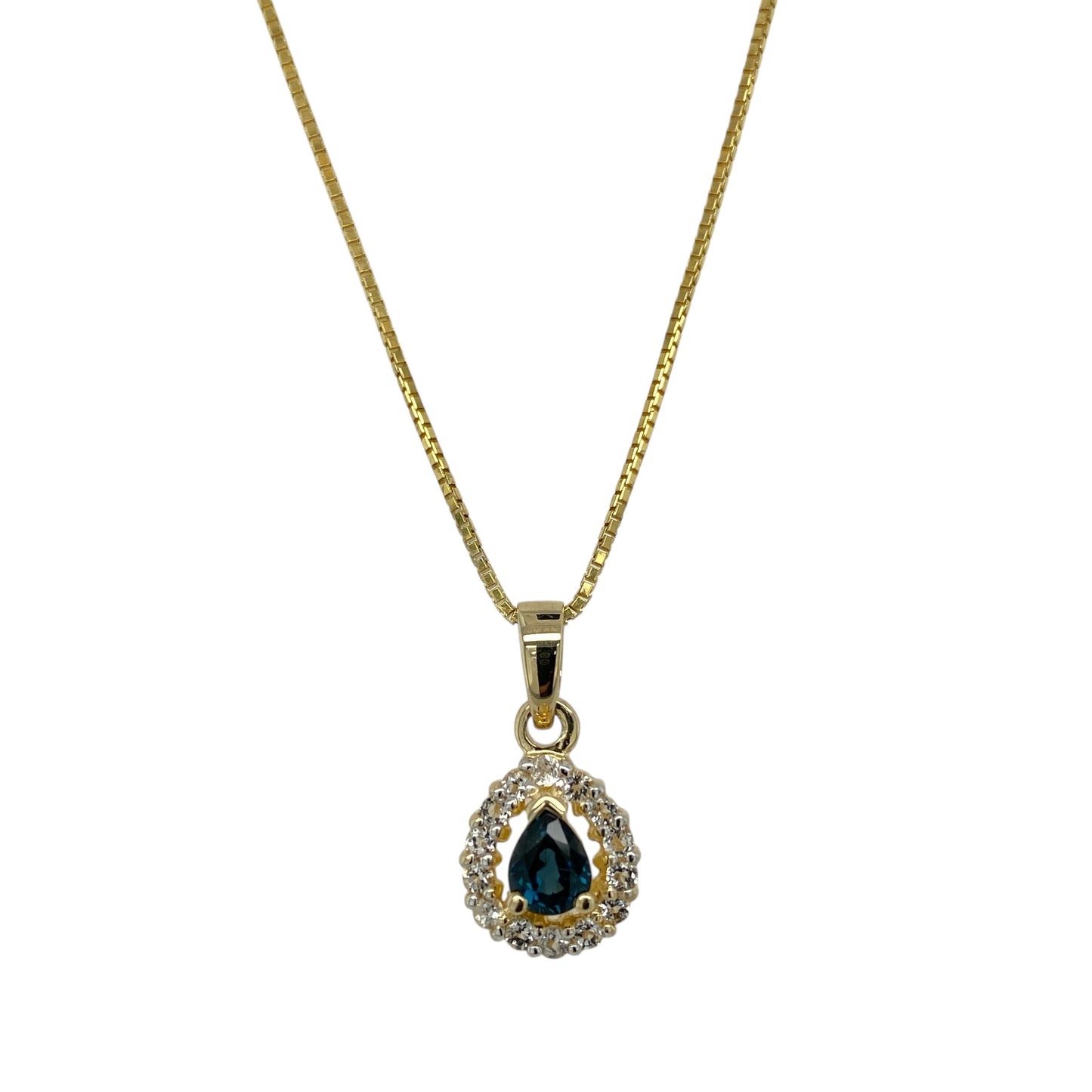 9ct Gold Sapphire & Cubic Zirconia Set Teardrop Cluster 18" Necklace