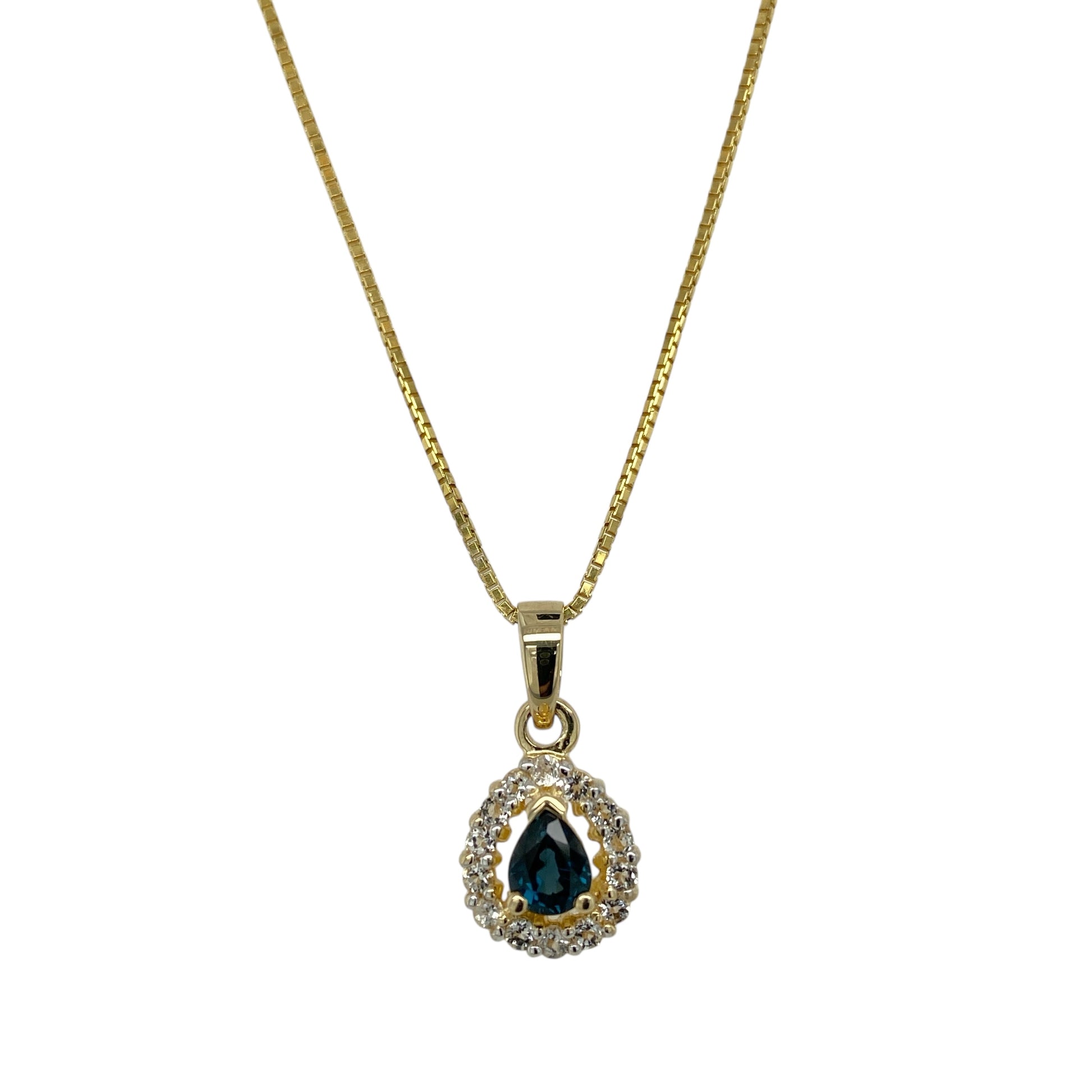 9ct Gold Sapphire & Cubic Zirconia Set Teardrop Cluster 18" Necklace