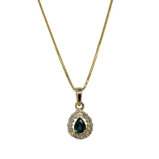 9ct Gold Sapphire & Cubic Zirconia Set Teardrop Cluster 18" Necklace