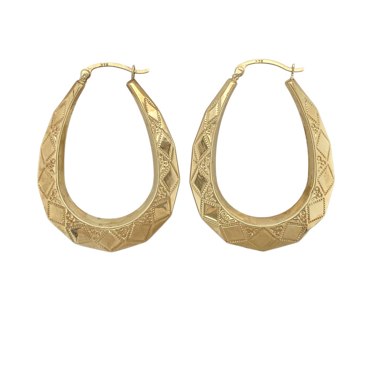 9ct Gold Patterned Oval Creole Earrings