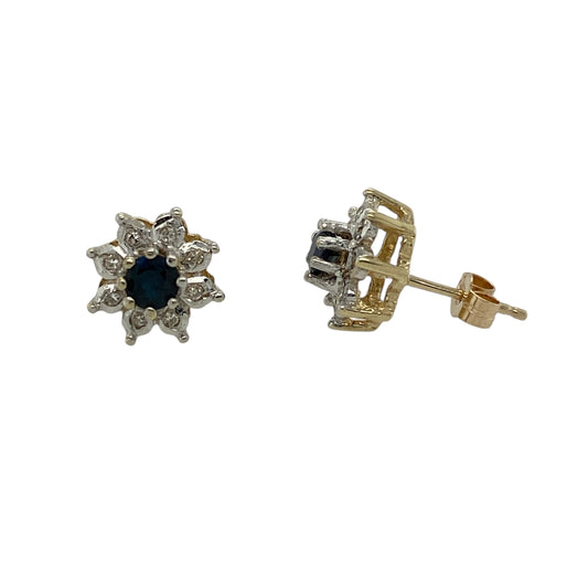 9ct Gold Diamond & Sapphire Set Cluster Stud Earrings
