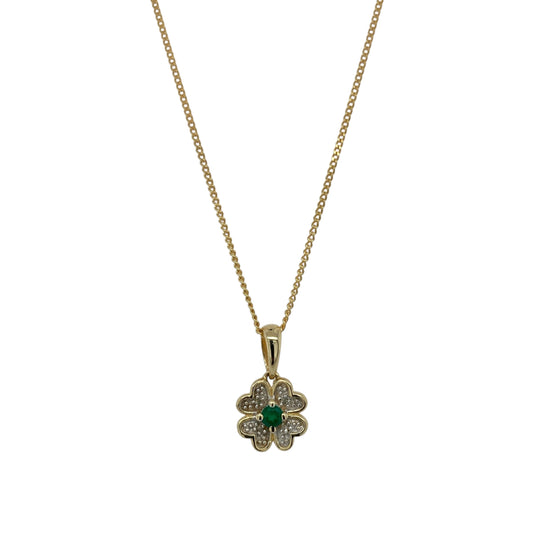 9ct Gold Diamond & Emerald Set Flower 16" Necklace