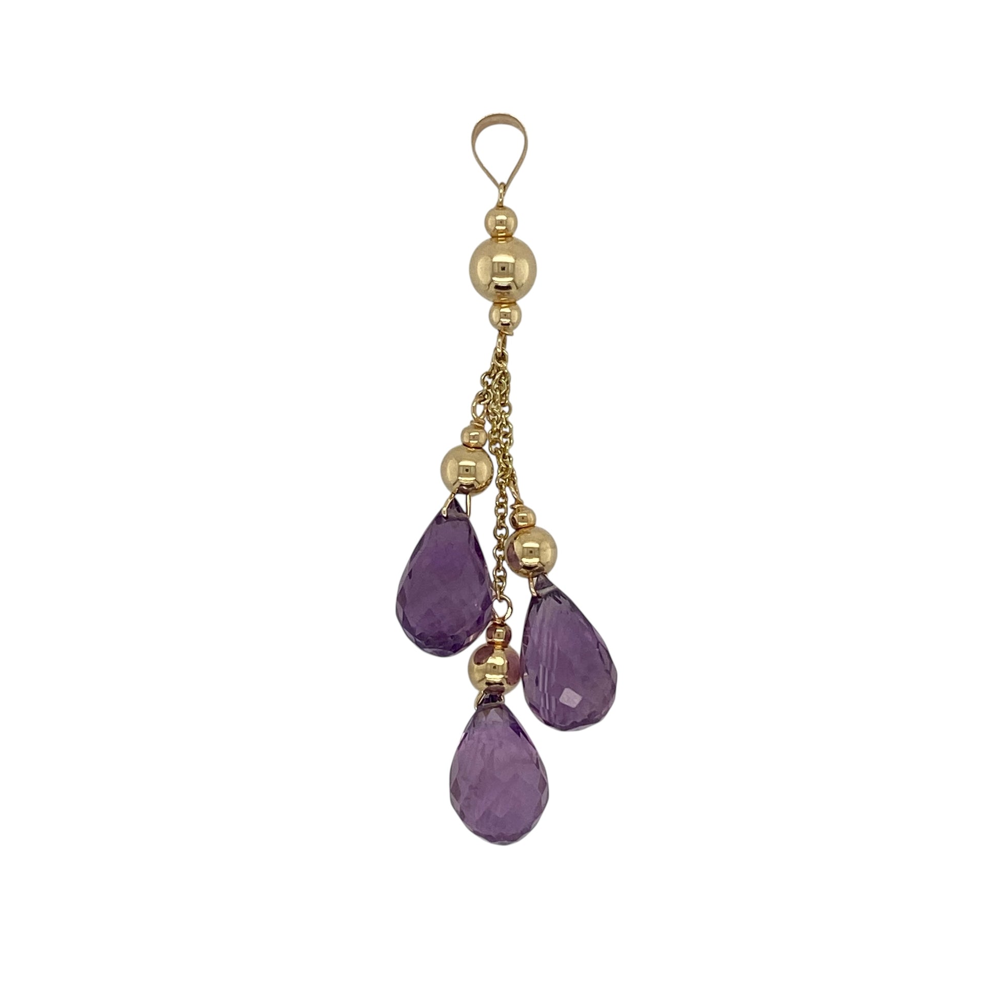 Bring rich colour and graceful elegance to your jewellery collection with this pre-owned 9ct yellow gold and amethyst set drop pendant.

Design: The pendant features a flowing drop design with three teardrop-shaped amethyst stones, each measuring approximately 11mm by 7mm, creating a striking cascade effect.
Material: Made from 9-carat yellow gold, the warm polished finish beautifully complements the deep purple tones of the amethyst gemstones.